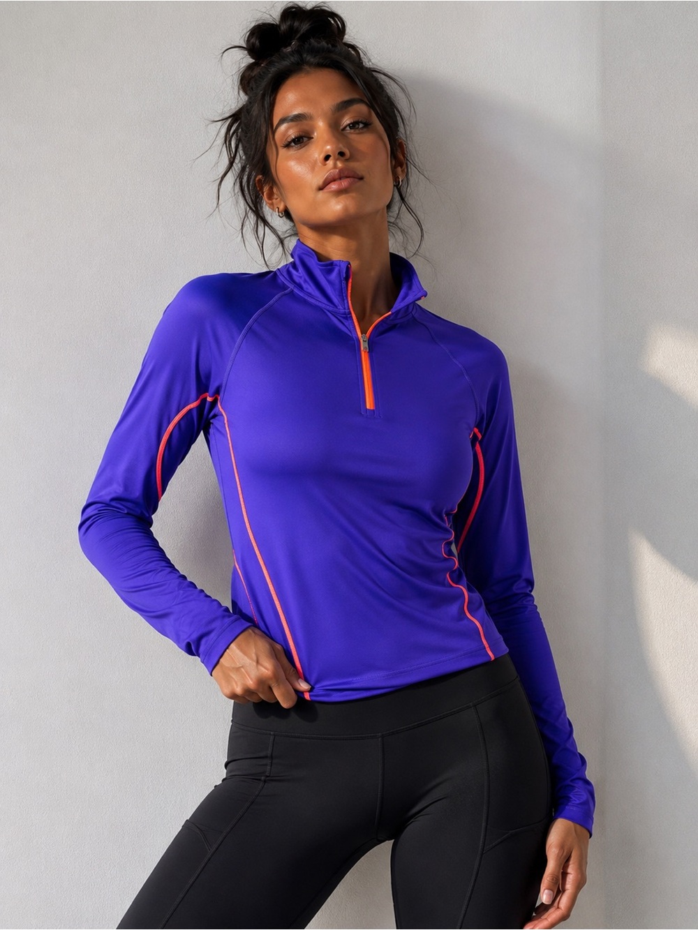 Purple & Neon Orange Long Sleeve Pull Over Workout Top with Thumb Holes Size S